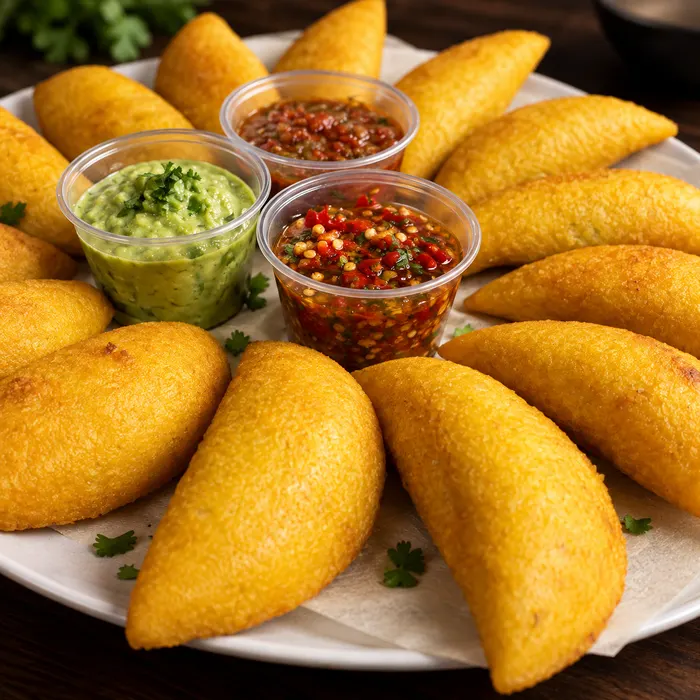 Empanadas colombianas con guacamole, ají y salsa
