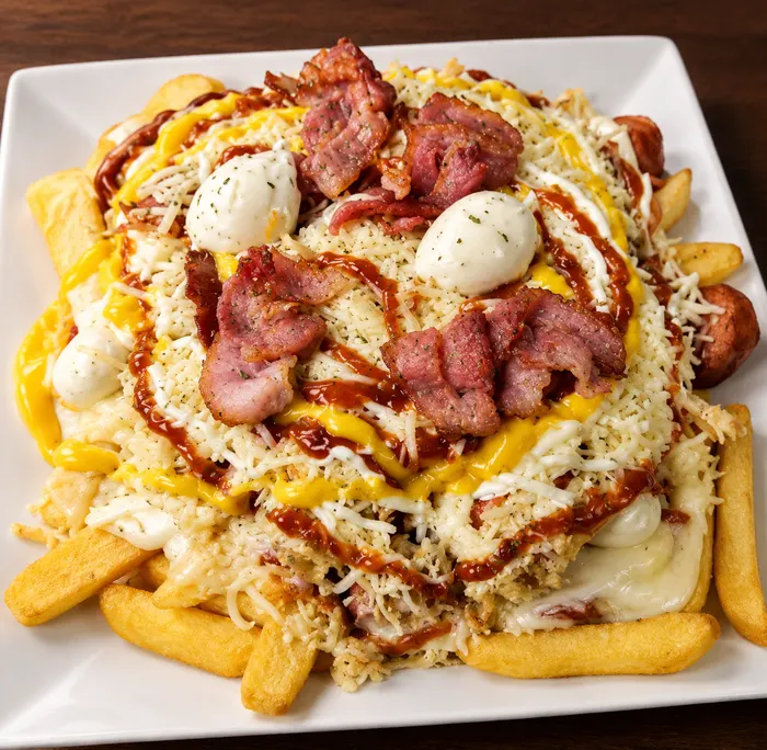 Salchipapas de la casa con queso, beicon y huevo